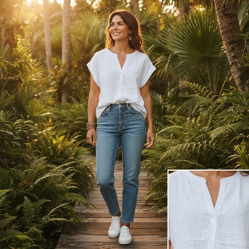 Lucky Brand Gauze Top Women Size M White Boho Relaxed Cap Sleeve Cool Split Neck